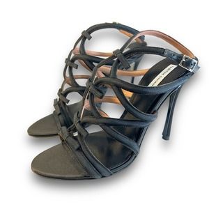 TABITHA SIMMONS Black Gros Grain Ribbons Satin Ankle Strap Heels NET SZ 5.5